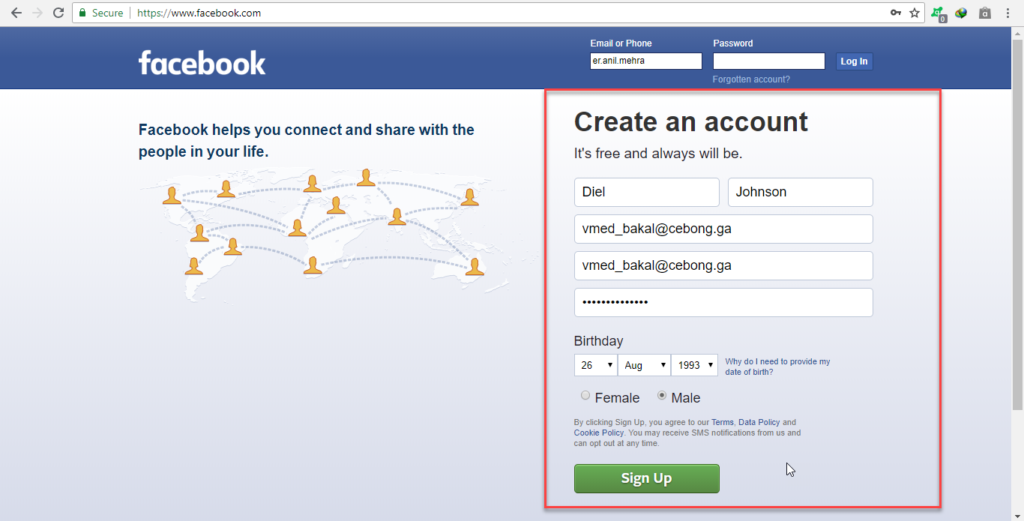 Facebook Account Sign with Temporary Email